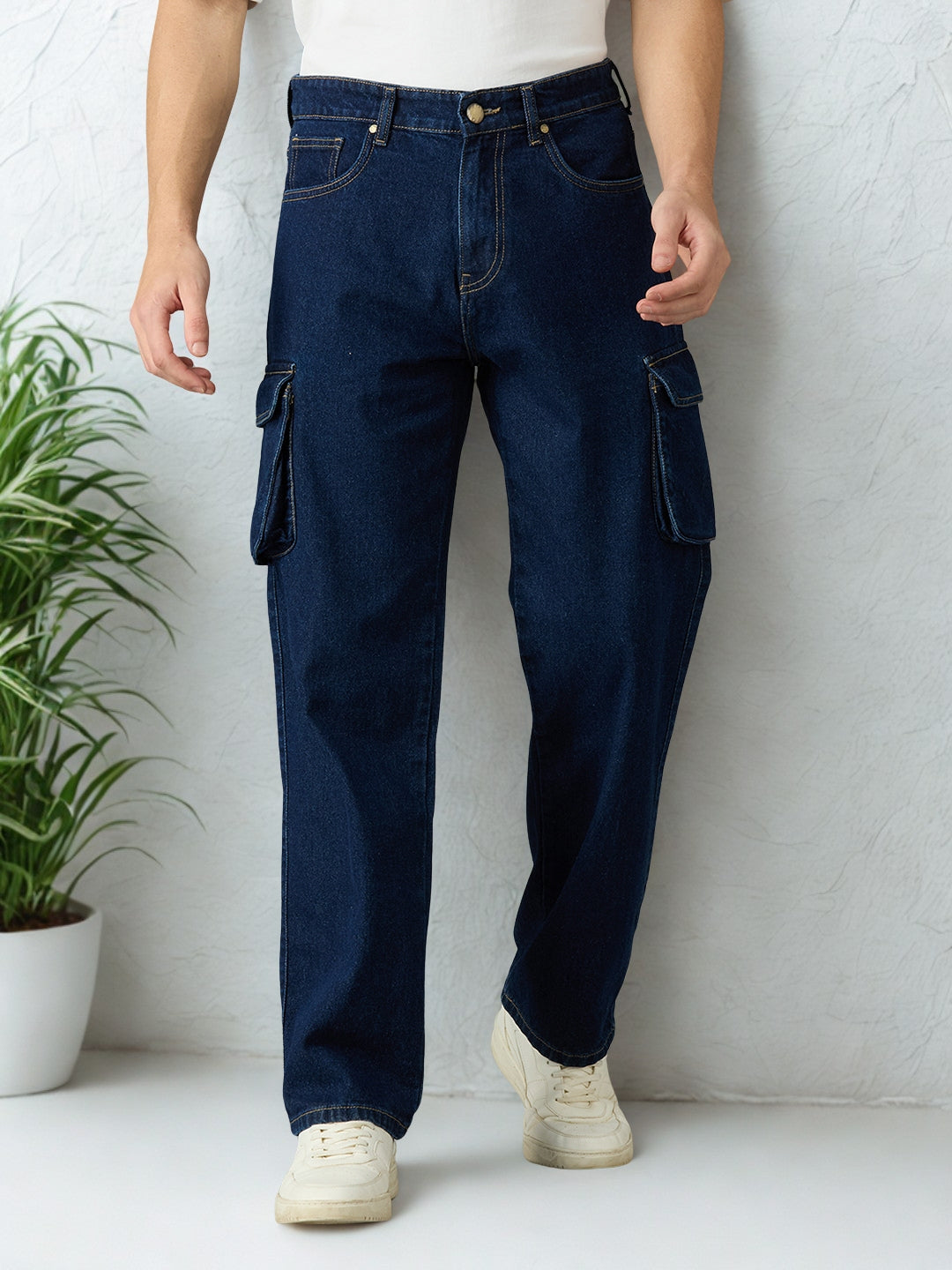 Men's Casual Wear Multi-pocket Regular Fit Navy Blue Cargo Jeans