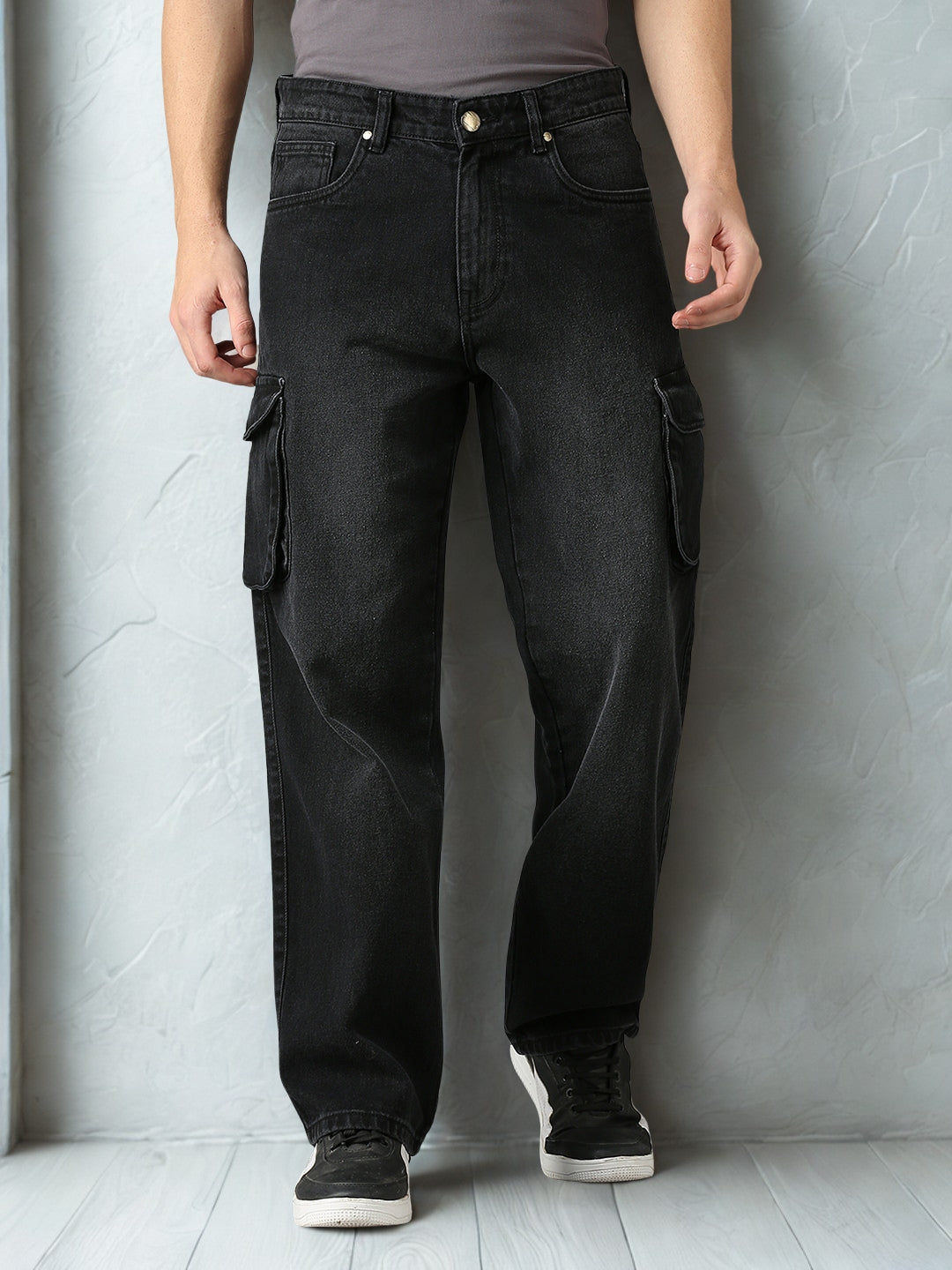 Men Stone wash Multi-pocket Cargo Jeans - Charcoal Black