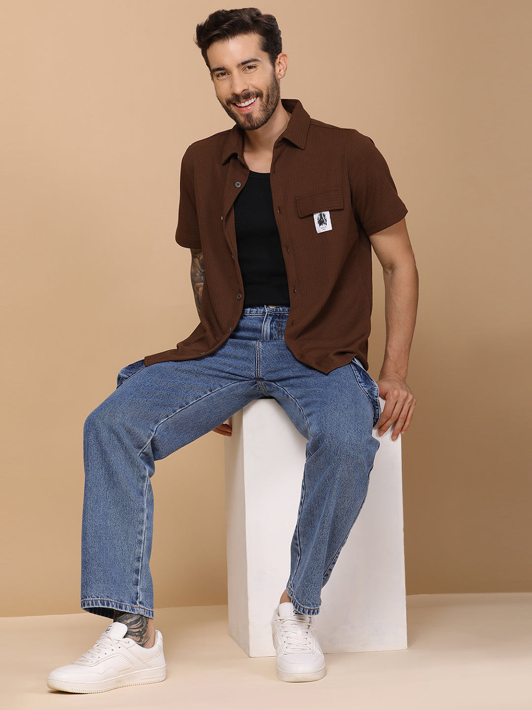 Men’s Casual Half-Sleeve Regular Fit Shirt – Textured Fabric, Curved Hem, Fake Pocket Flap - Brown