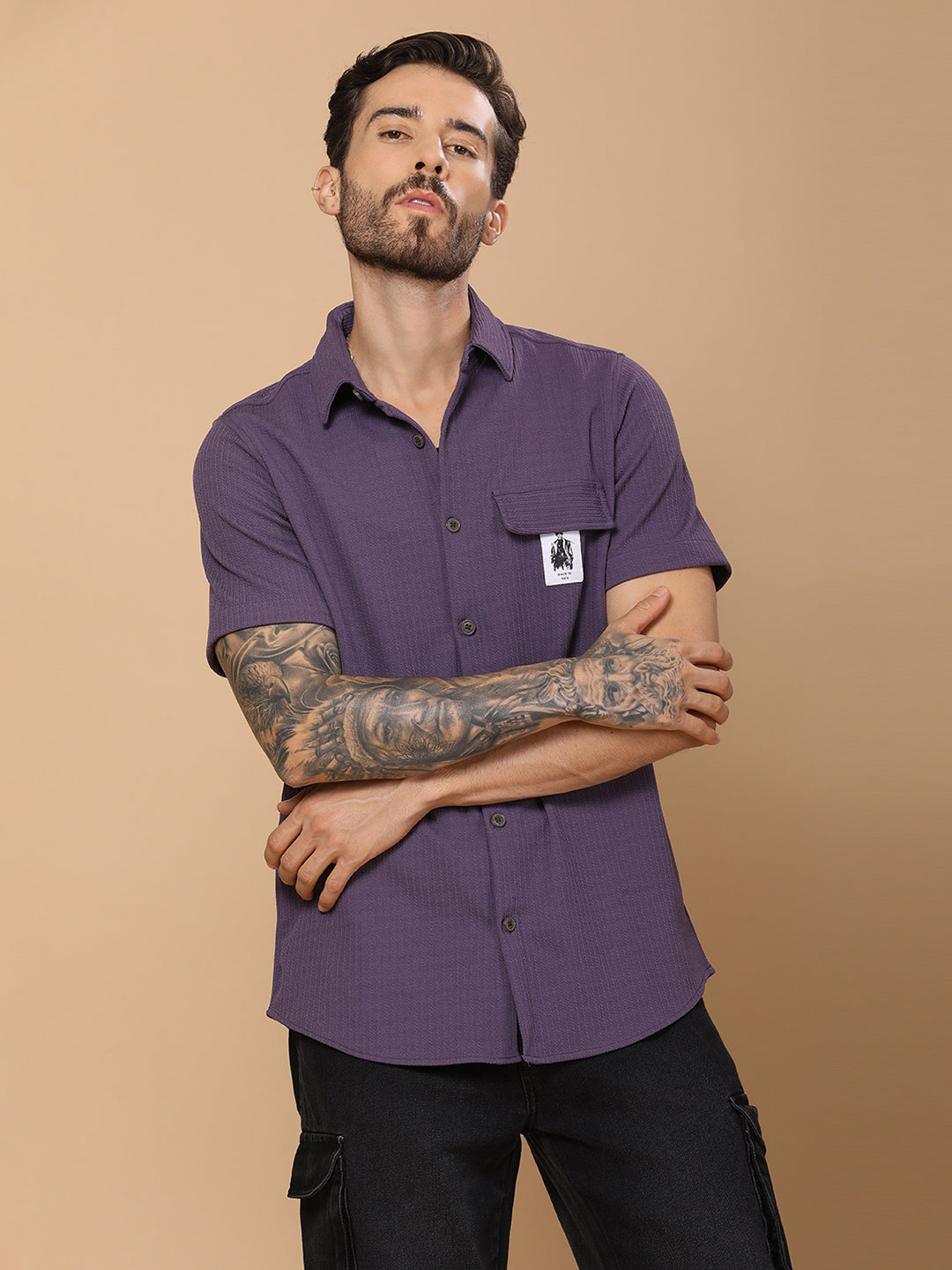 Men’s Casual Half-Sleeve Regular Fit Shirt – Textured Fabric, Curved Hem, Fake Pocket Flap - Purple