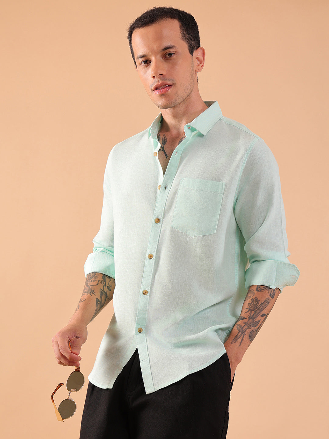 Men's Pure Linen Full Sleeve Shirt - Regular Fit, Cutaway Collar - Aqua