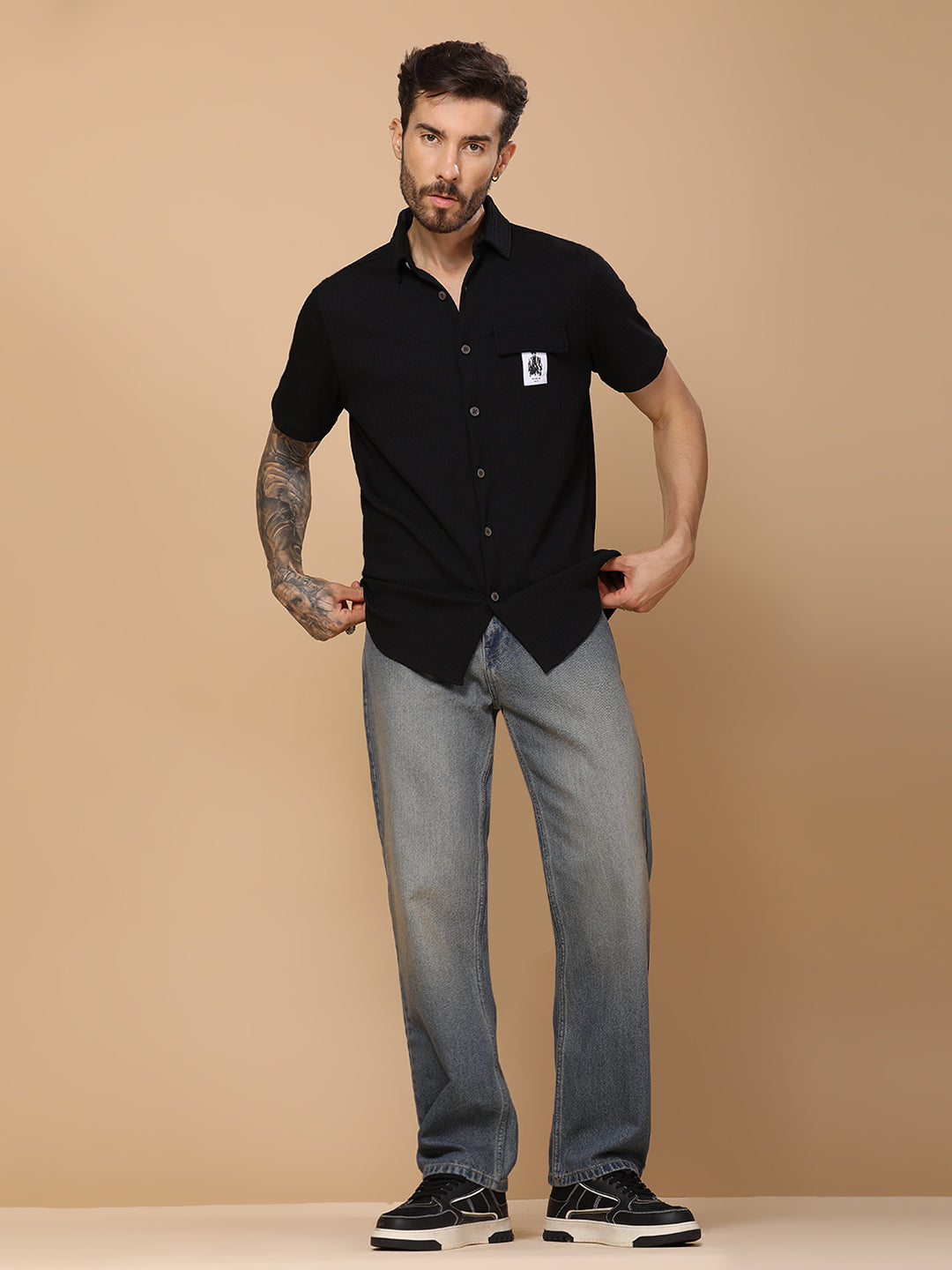 Men’s Casual Half-Sleeve Regular Fit Shirt – Textured Fabric, Curved Hem, Fake Pocket Flap - Black