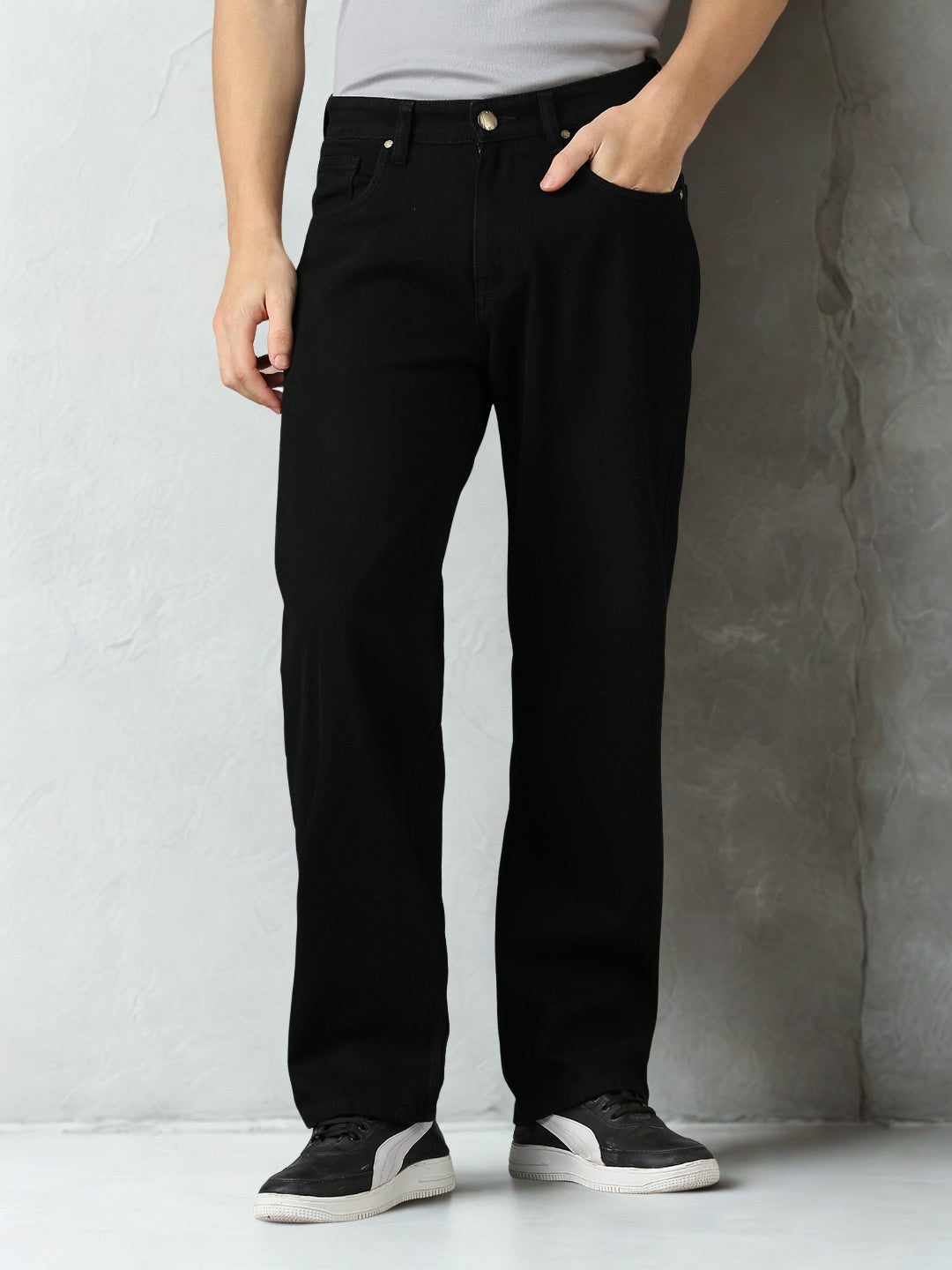Men Casual Wear Straight Leg Jeans - Black 100% Cotton