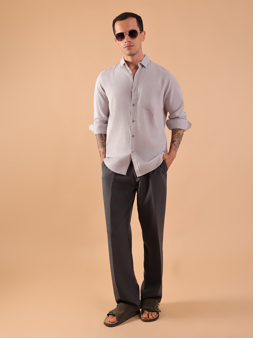 Men's Pure Linen Full Sleeve Shirt - Regular Fit, Cutaway Collar - Grey