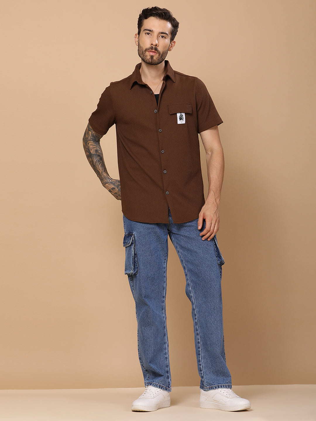 Men’s Casual Half-Sleeve Regular Fit Shirt – Textured Fabric, Curved Hem, Fake Pocket Flap - Brown