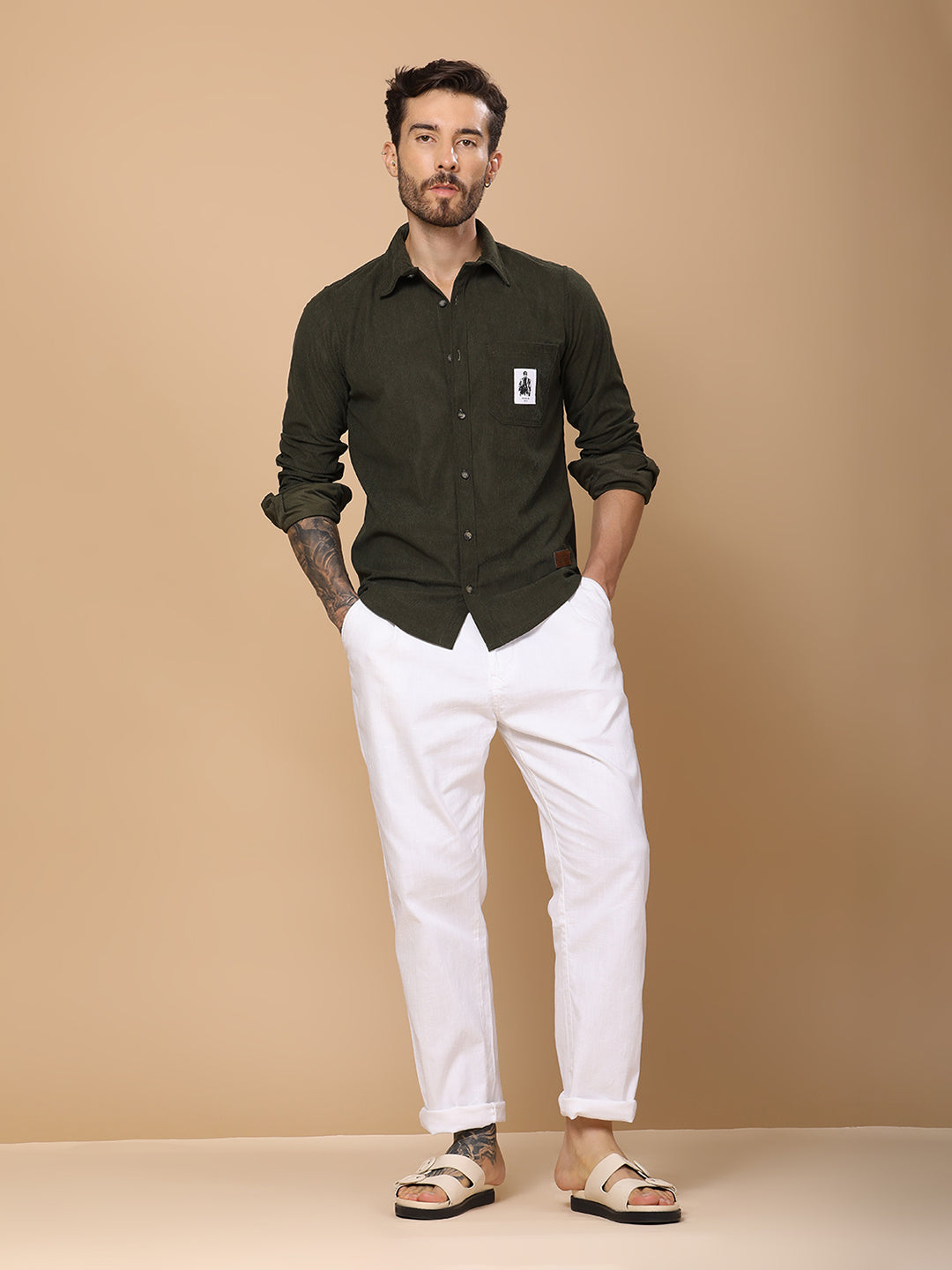 Men’s Corduroy Shirt – Regular Fit, Full Sleeve, Vintage 90’s Style - Olive