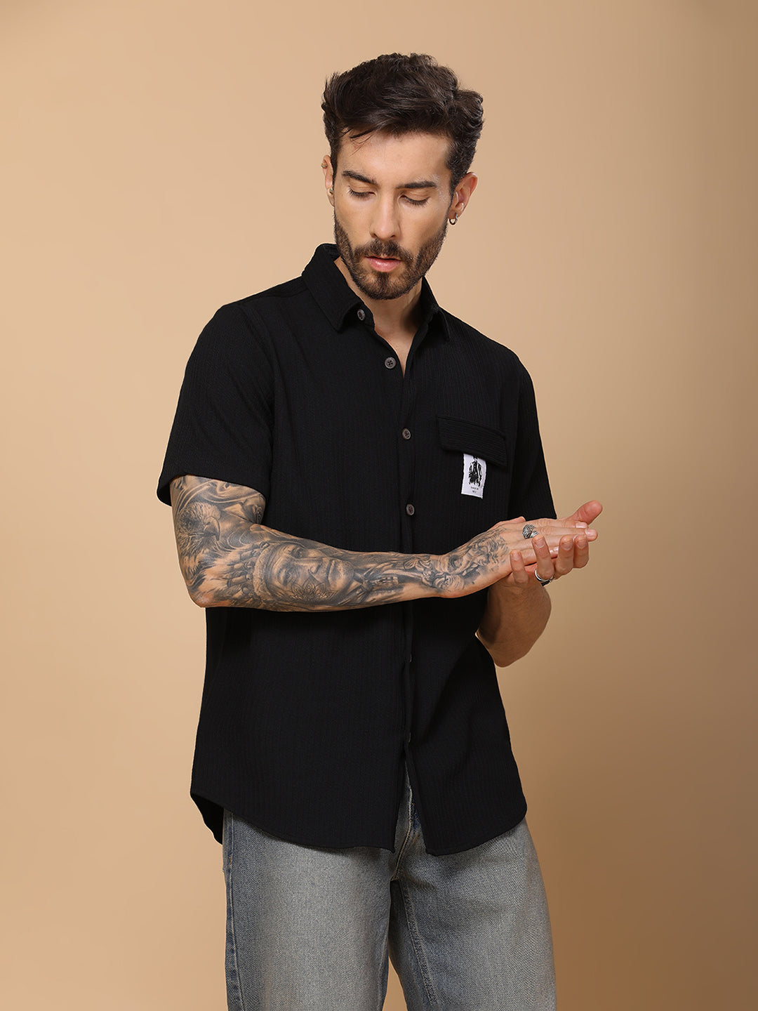 Men’s Casual Half-Sleeve Regular Fit Shirt – Textured Fabric, Curved Hem, Fake Pocket Flap - Black