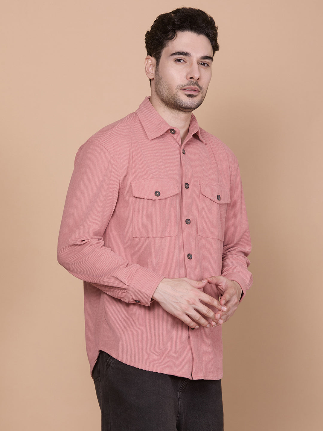 HangerLoop Relaxed Fit Classic Corduroy Shacket - Peach