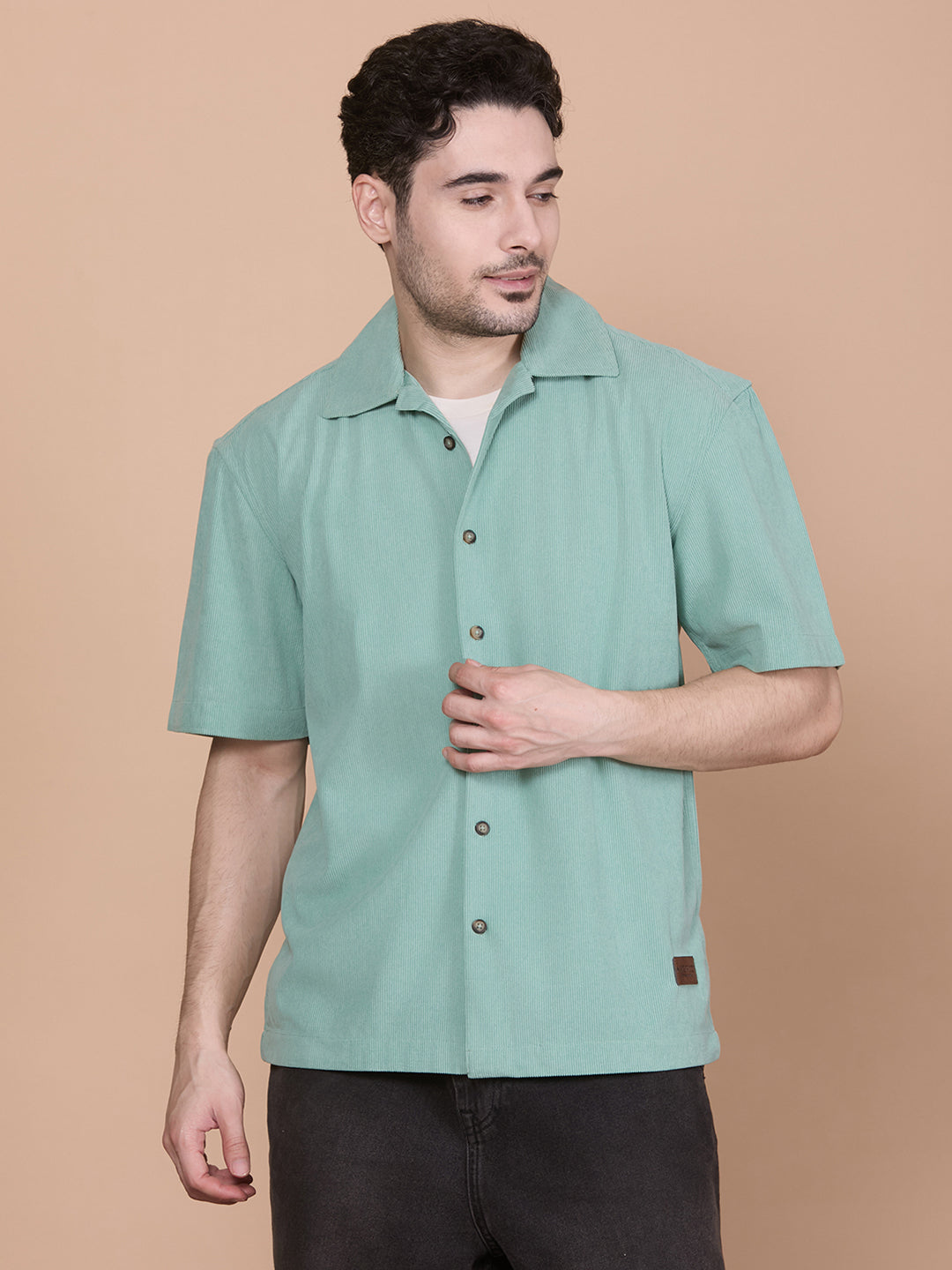 Relaxed Fit Half Sleeve Classic Corduroy Shirt - Green