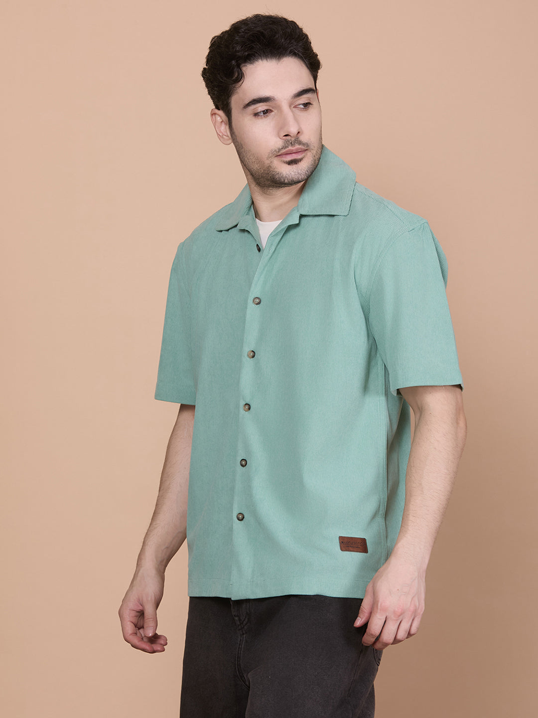 Relaxed Fit Half Sleeve Classic Corduroy Shirt - Green