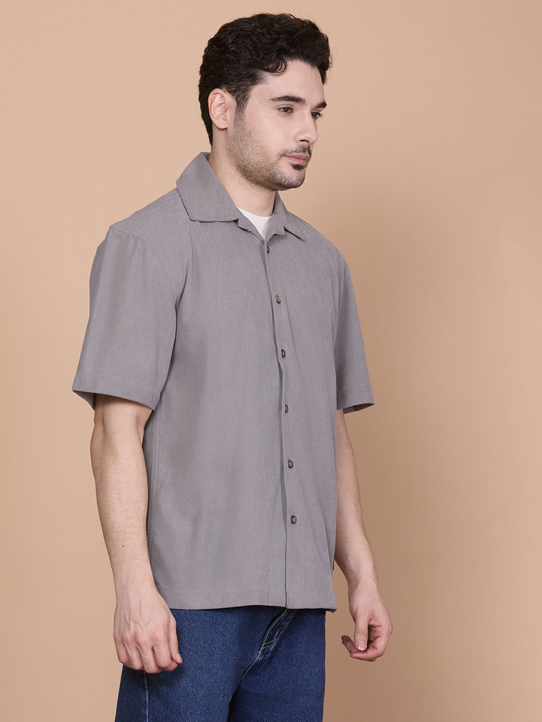 Relaxed Fit Half Sleeve Classic Corduroy Shirt - Light Grey