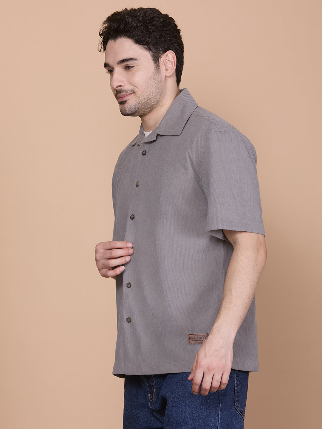 Relaxed Fit Half Sleeve Classic Corduroy Shirt - Light Grey