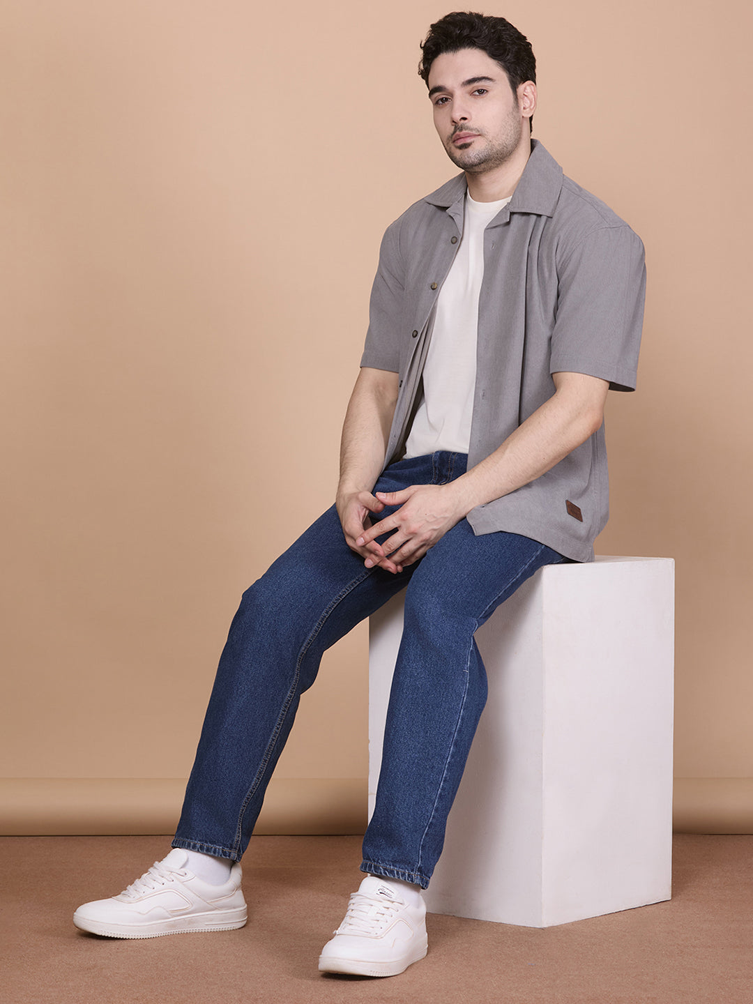 Relaxed Fit Half Sleeve Classic Corduroy Shirt - Light Grey