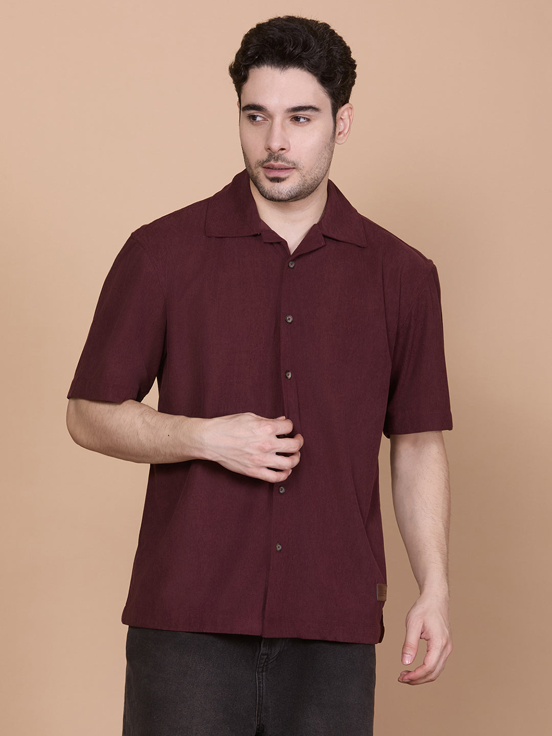 Relaxed Fit Half Sleeve Classic Corduroy Shirt - Wine