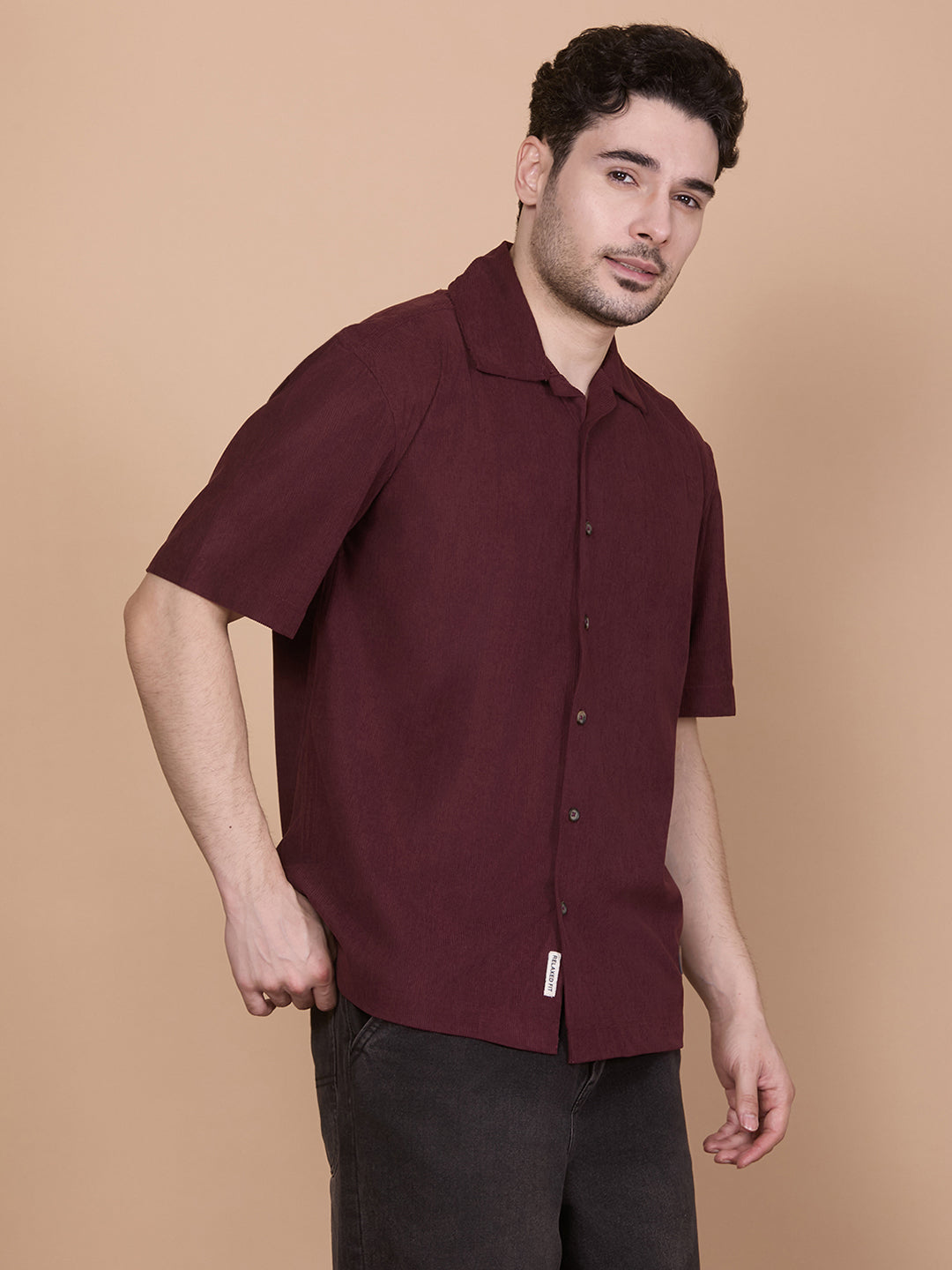 Relaxed Fit Half Sleeve Classic Corduroy Shirt - Wine