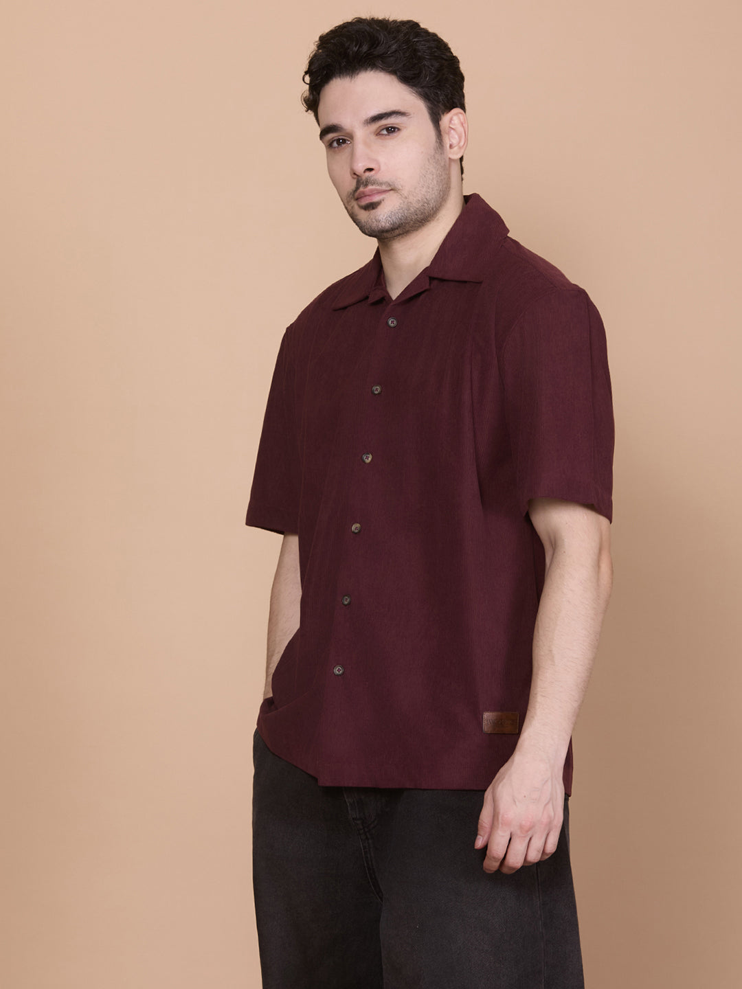 Relaxed Fit Half Sleeve Classic Corduroy Shirt - Wine