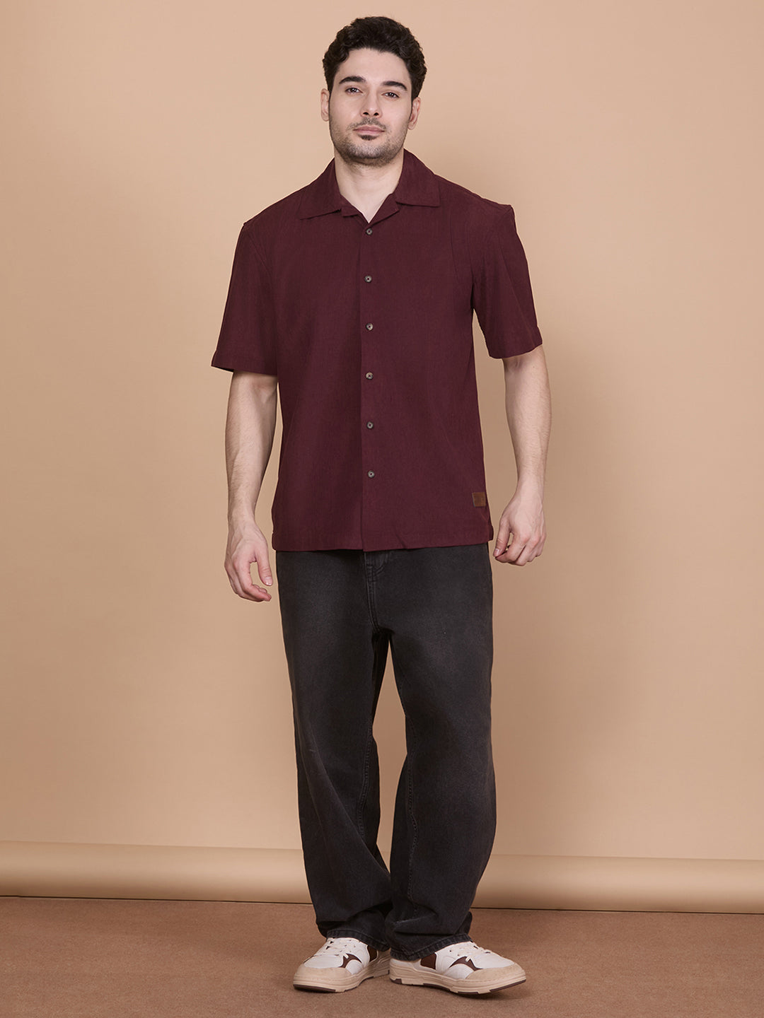 Relaxed Fit Half Sleeve Classic Corduroy Shirt - Wine