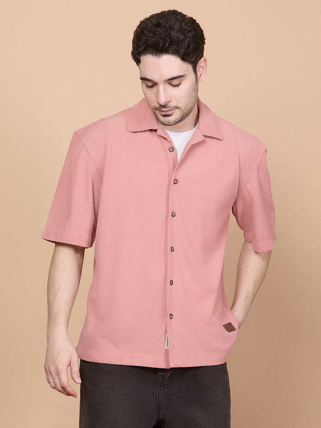 Relaxed Fit Half Sleeve Classic Corduroy Shirt - Peach