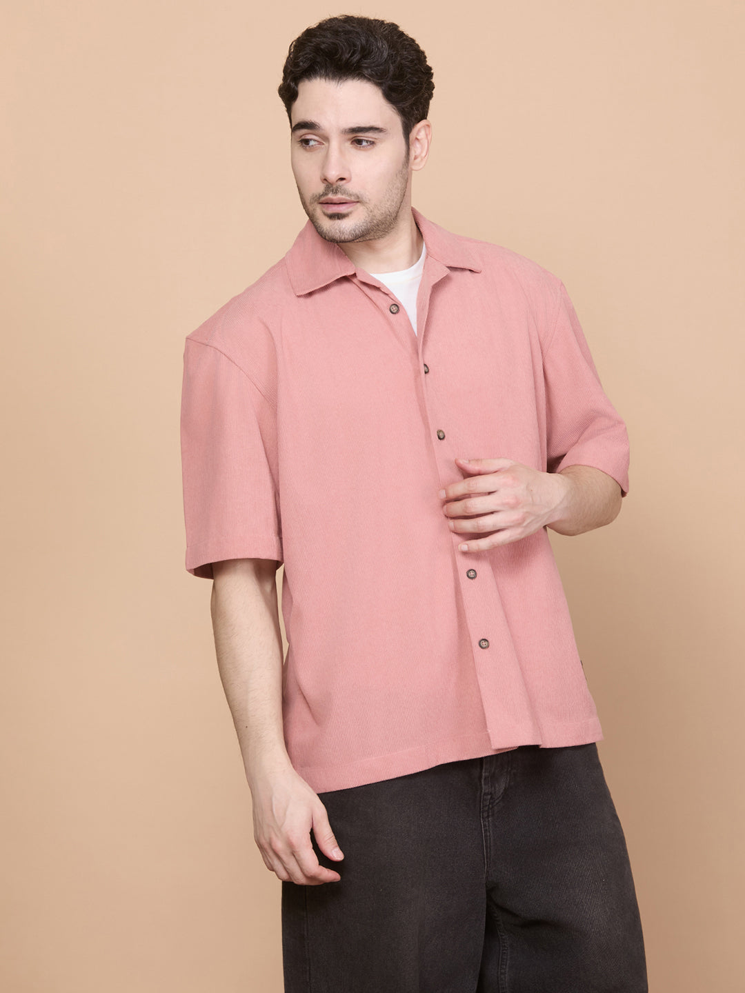 Relaxed Fit Half Sleeve Classic Corduroy Shirt - Peach