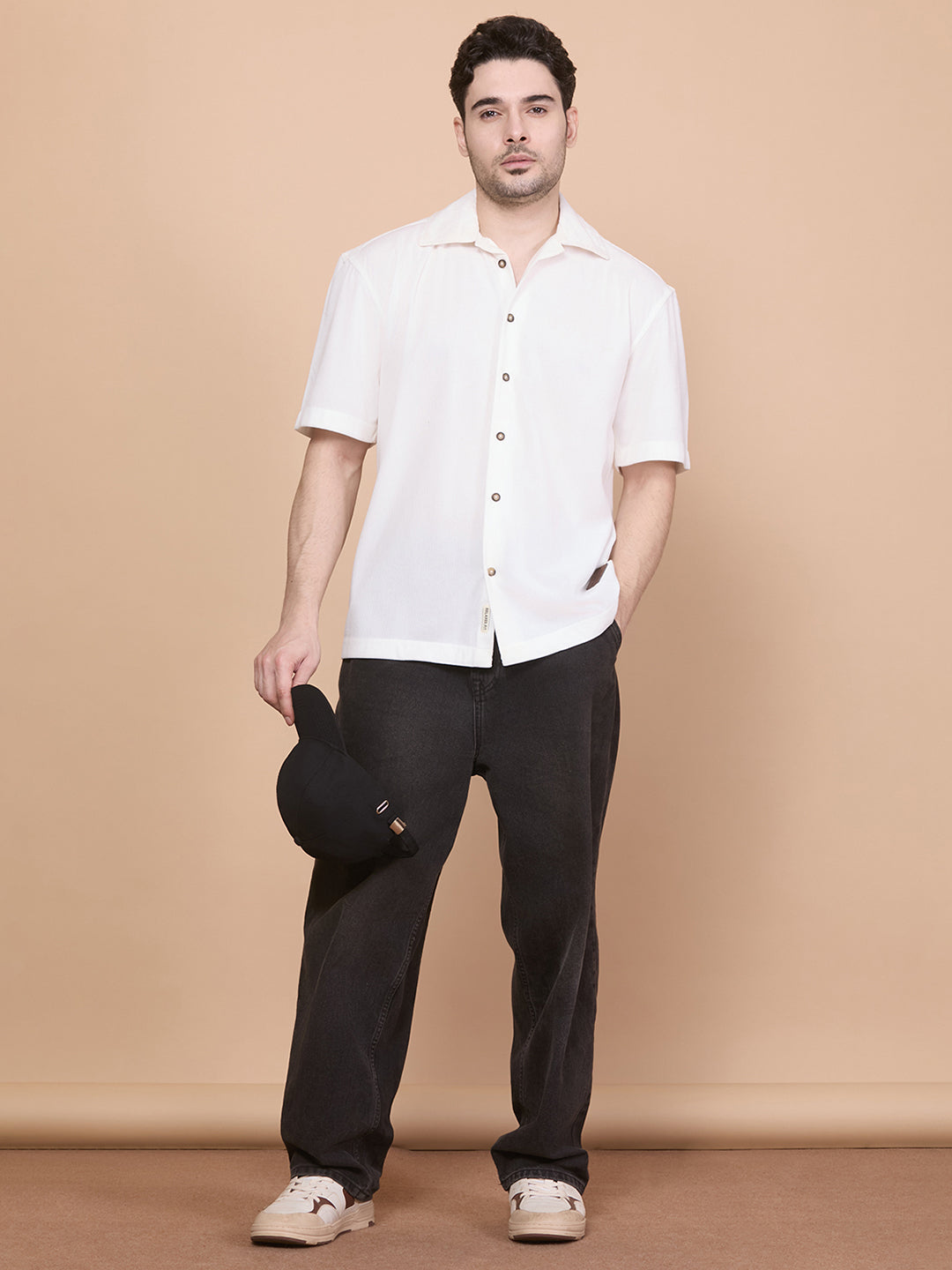 Relaxed Fit Half Sleeve Classic Corduroy Shirt - White