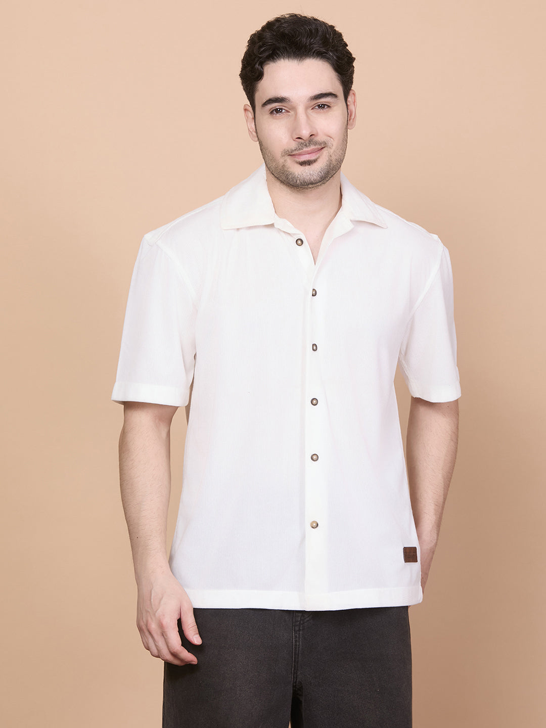 Relaxed Fit Half Sleeve Classic Corduroy Shirt - White