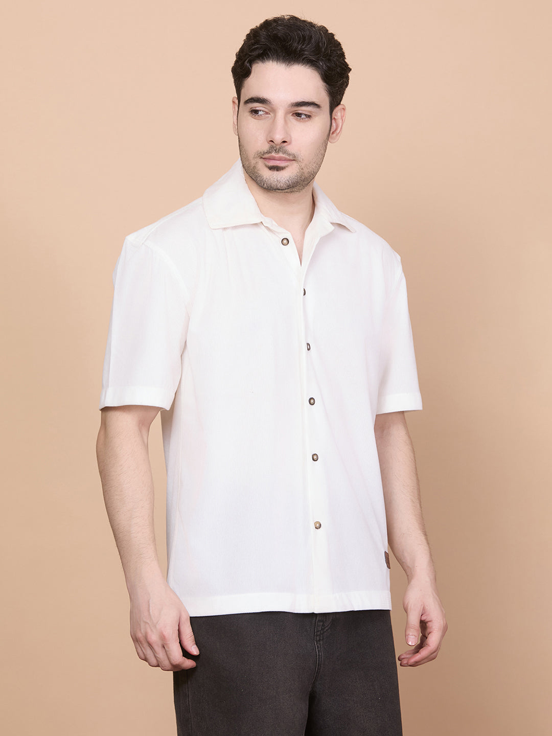 Relaxed Fit Half Sleeve Classic Corduroy Shirt - White