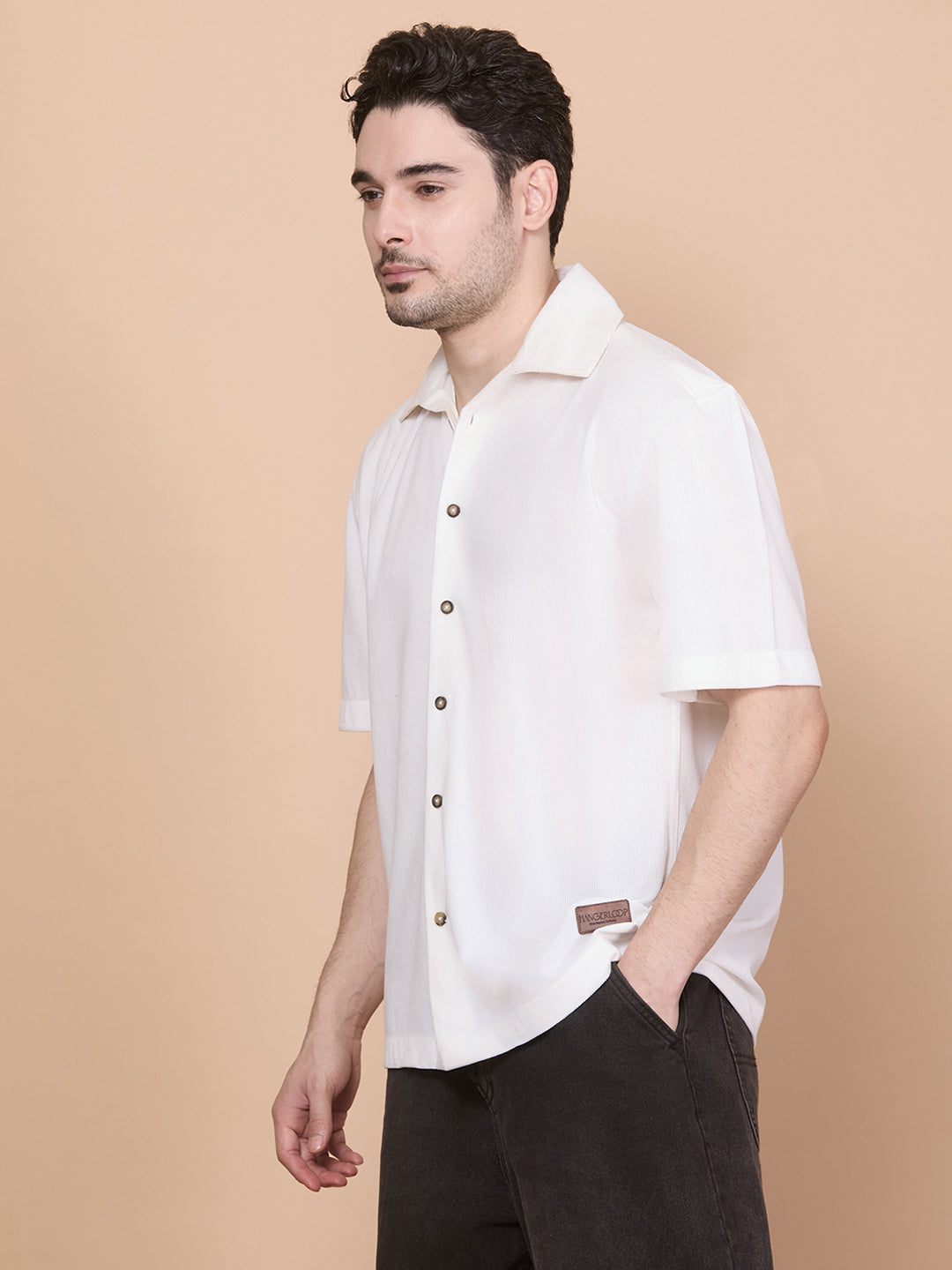 Relaxed Fit Half Sleeve Classic Corduroy Shirt - White