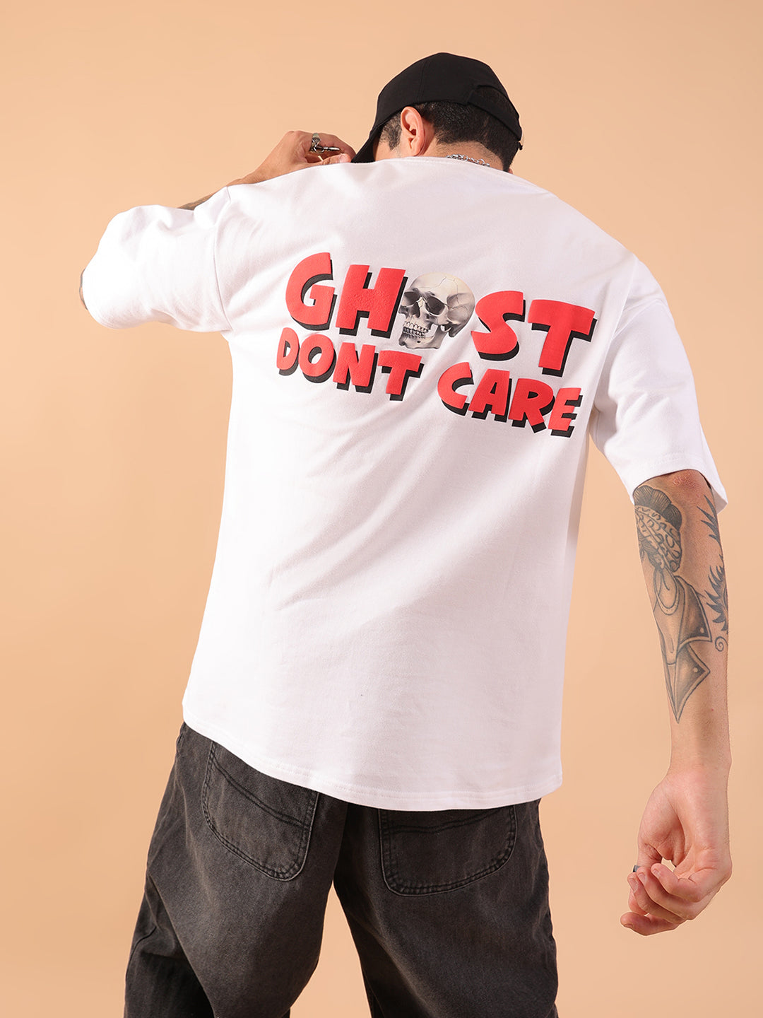 Ghost Don't Care Oversized T-Shirt – White | Streetwear Graphic Tee for Men & Women