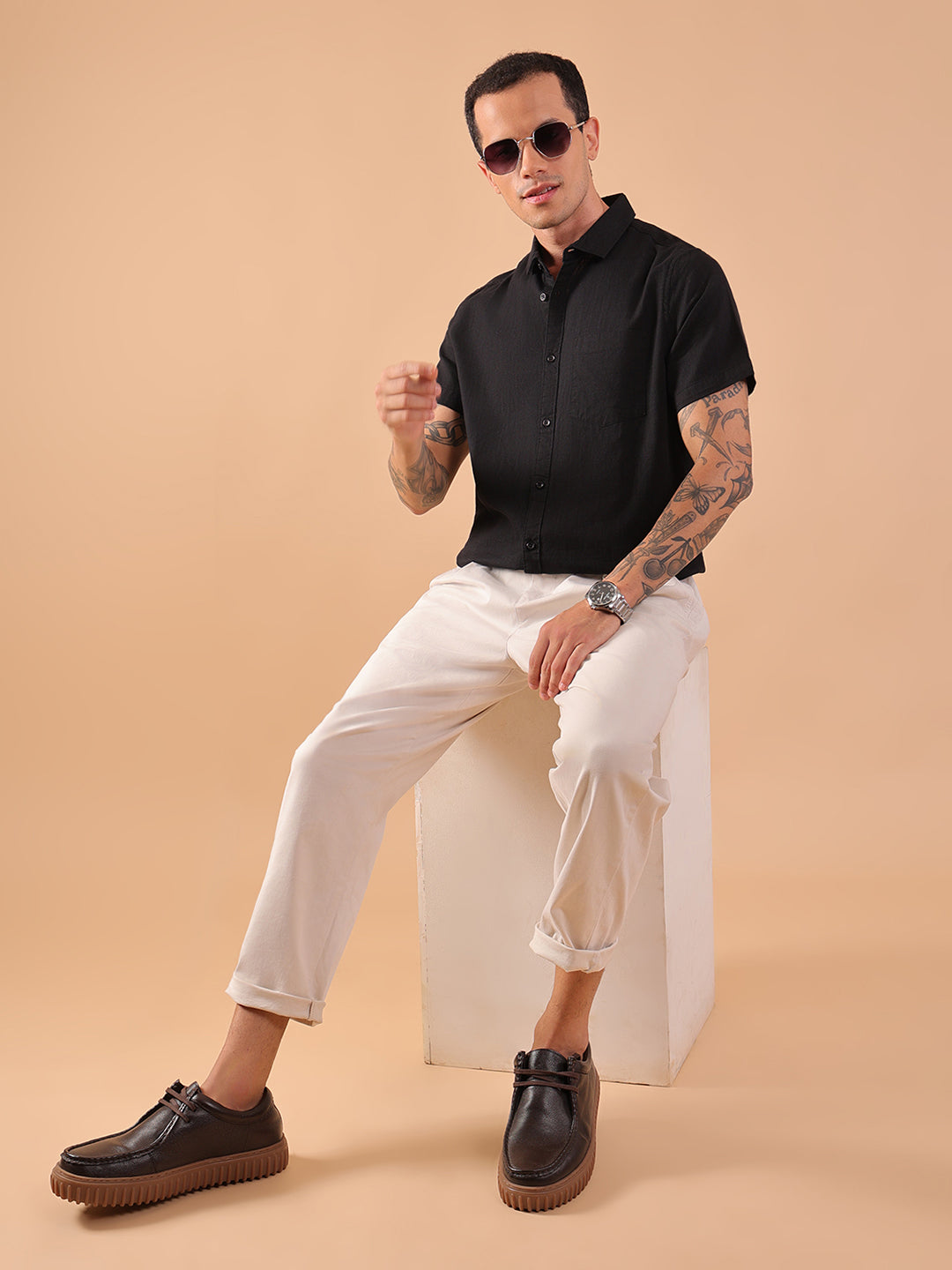 Cotton Linen Half Sleeve Shirt - Regular Fit - Black