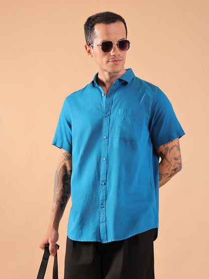 Cotton Linen Half Sleeve Shirt - Regular Fit - Teal