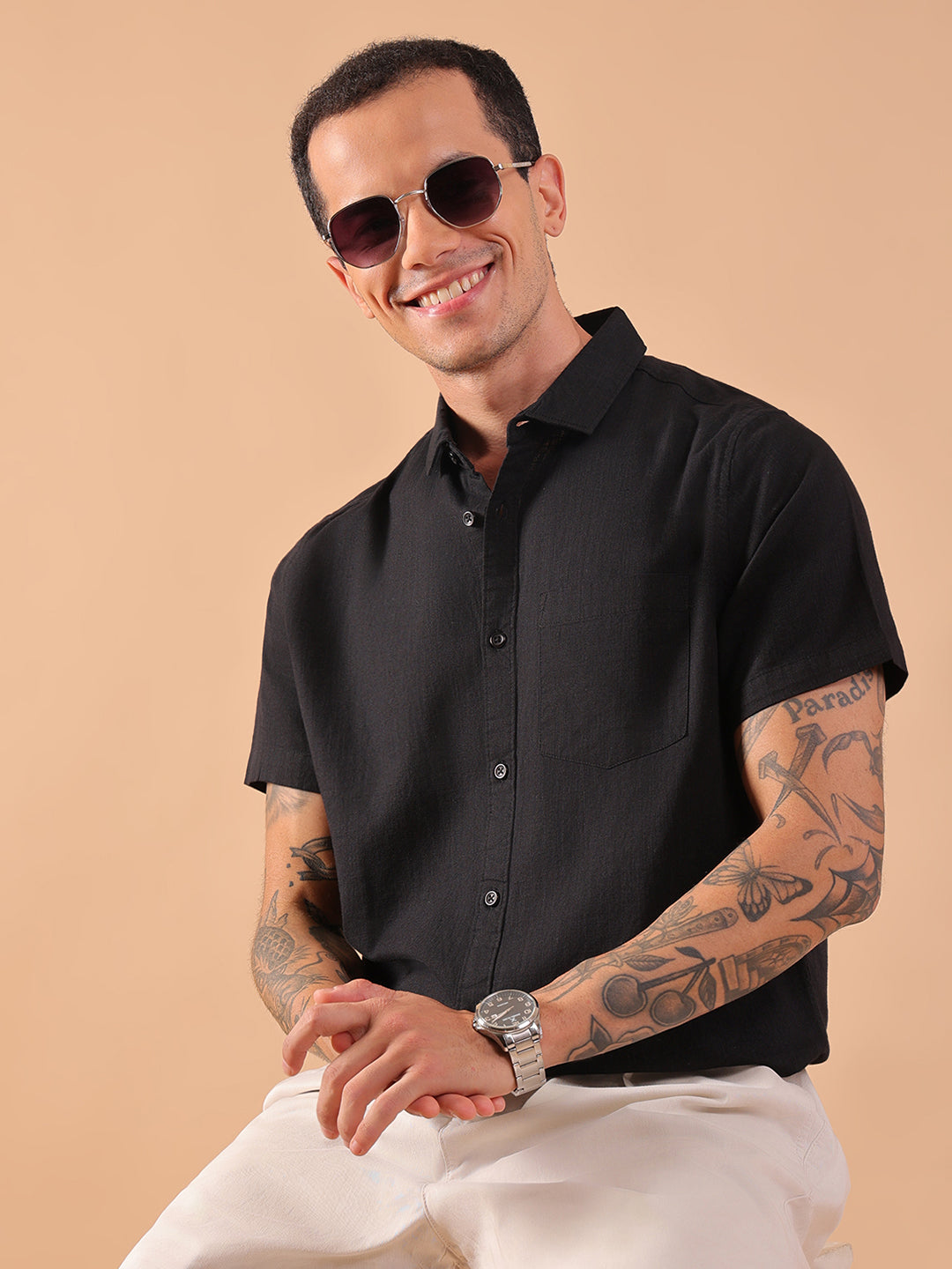 Cotton Linen Half Sleeve Shirt - Regular Fit - Black
