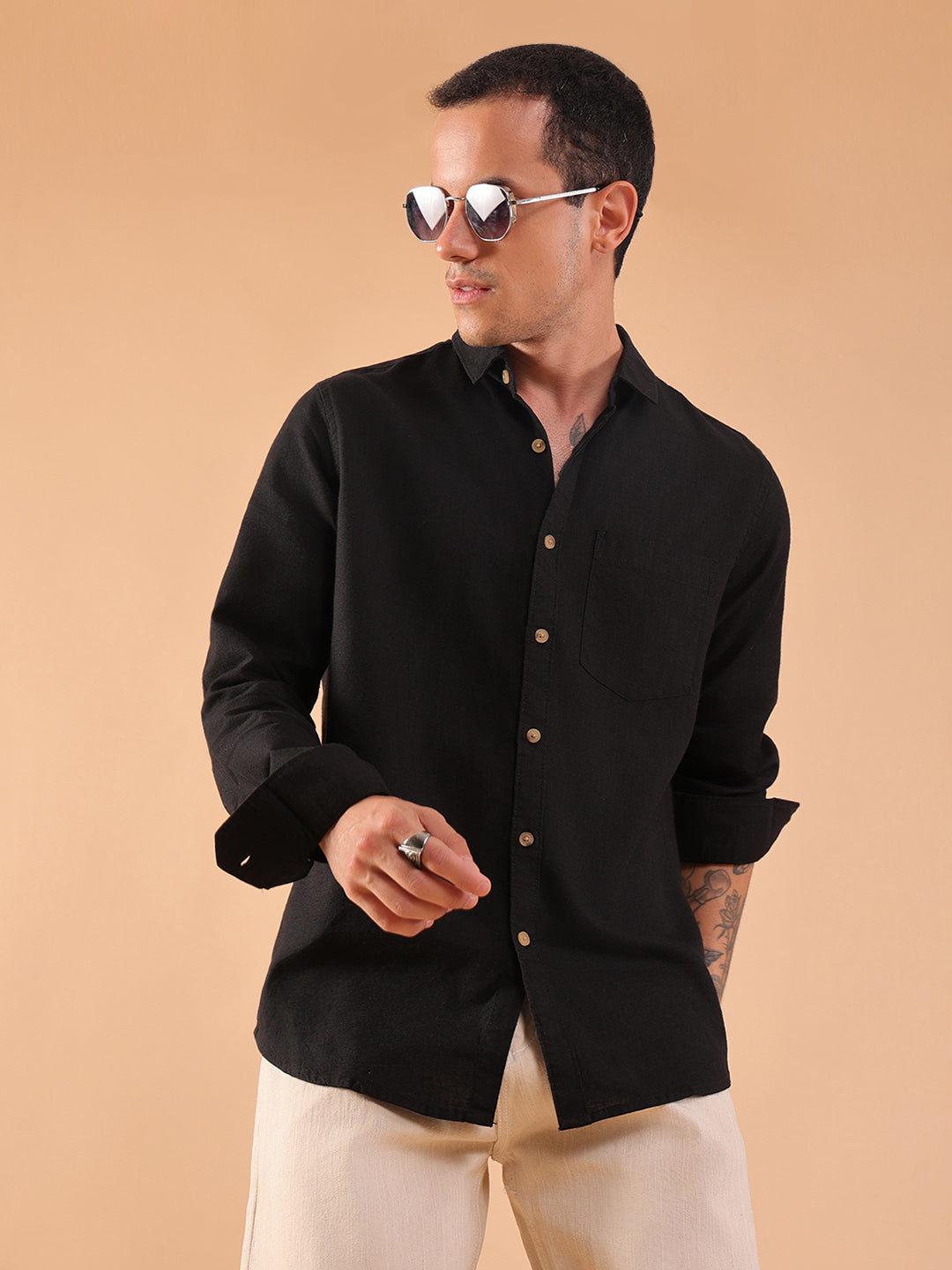 Men's Pure Linen Full Sleeve Shirt - Regular Fit, Cutaway Collar - Black