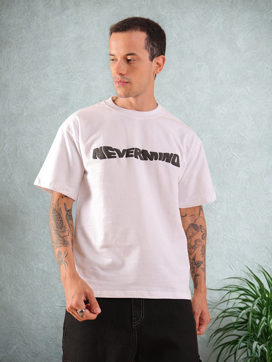 NEVERMIND White Oversized Graphic Print T-Shirt | HangerLoop Unisex Streetwear Tee