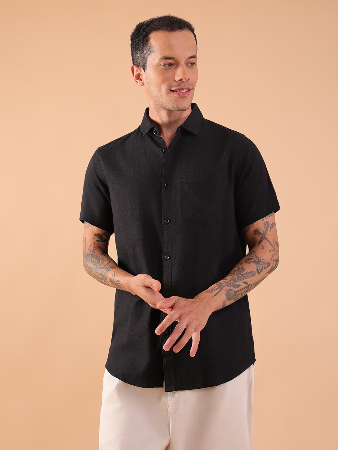 Cotton Linen Half Sleeve Shirt - Regular Fit - Black