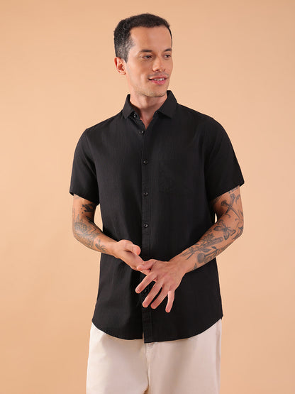 Cotton Linen Half Sleeve Shirt - Regular Fit - Black