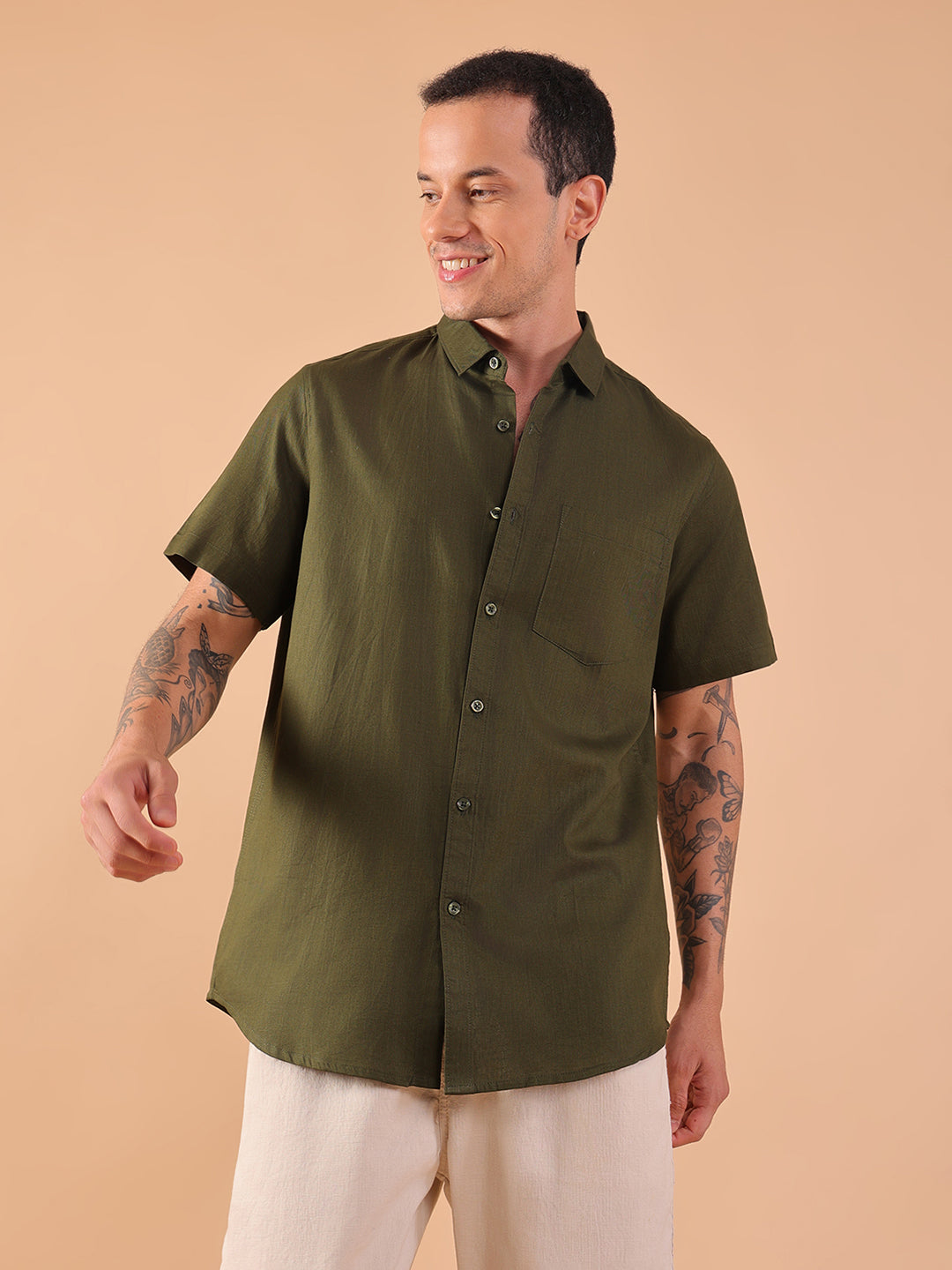 Cotton Linen Half Sleeve Shirt - Regular Fit - Olive