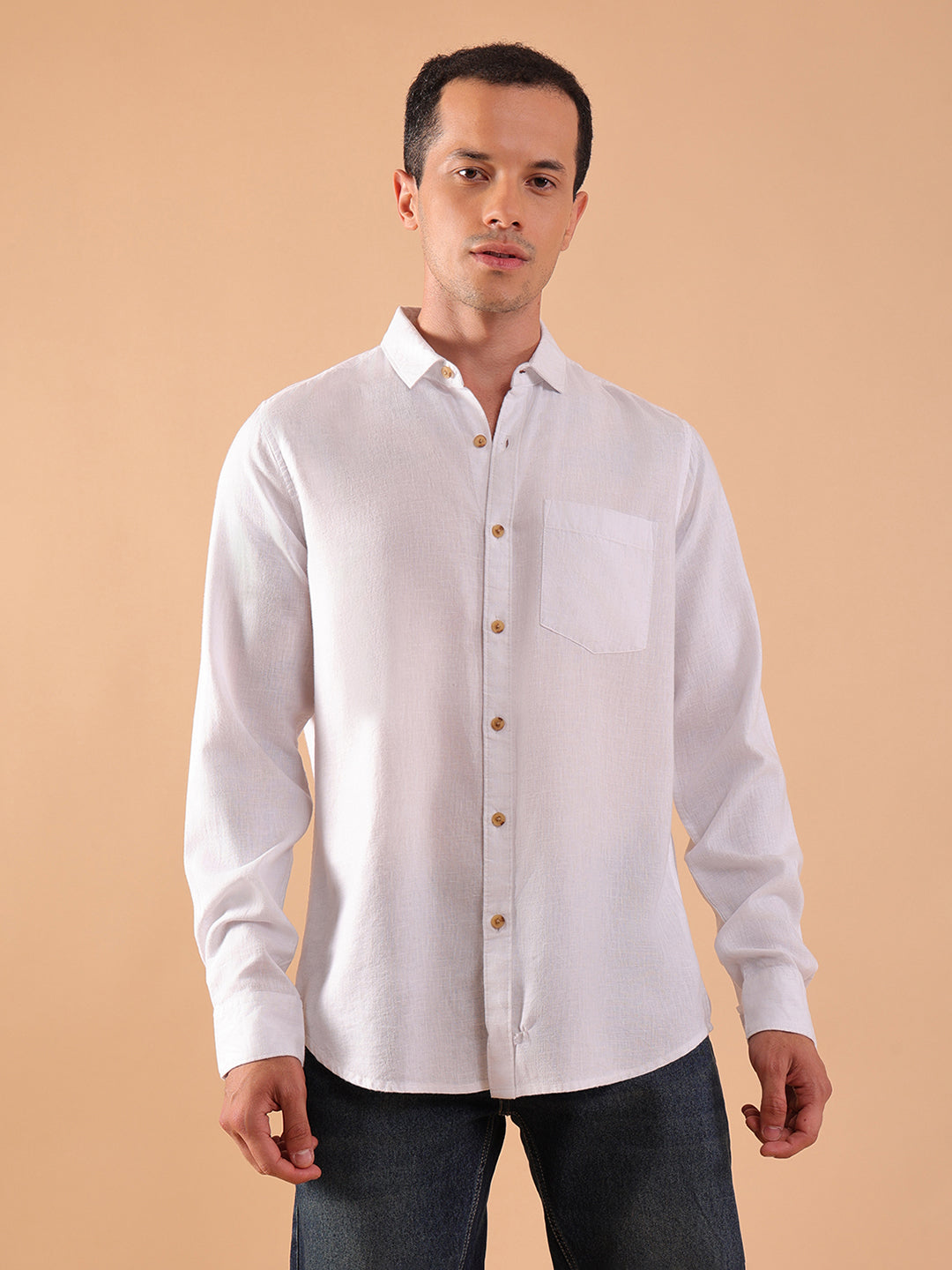 Men's Pure Linen Full Sleeve Shirt - Regular Fit, Cutaway Collar - White