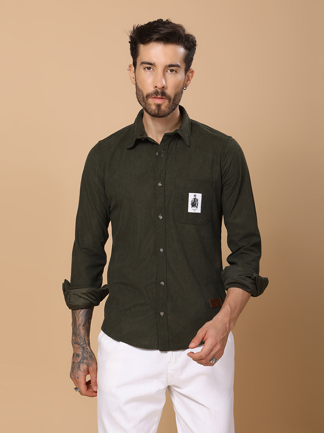 Men’s Corduroy Shirt – Regular Fit, Full Sleeve, Vintage 90’s Style - Olive