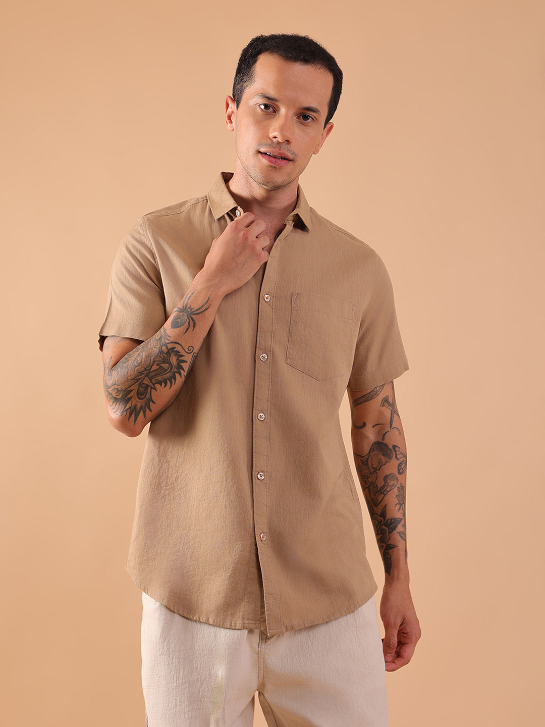 Cotton Linen Half Sleeve Shirt - Regular Fit - Khaki