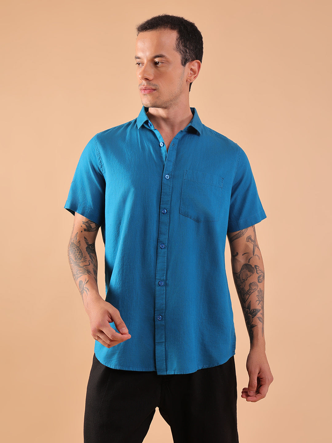 Cotton Linen Half Sleeve Shirt - Regular Fit - Teal
