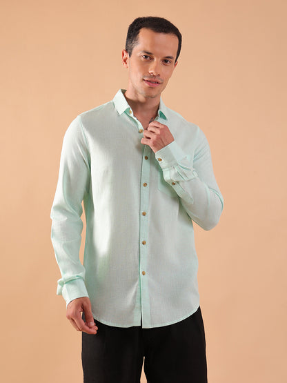 Men's Pure Linen Full Sleeve Shirt - Regular Fit, Cutaway Collar - Aqua