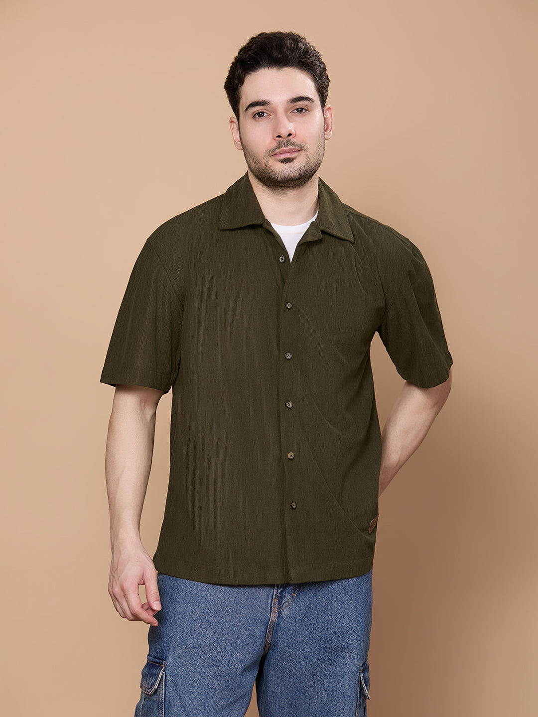 Relaxed Fit Half Sleeve Classic Corduroy Shirt - Olive