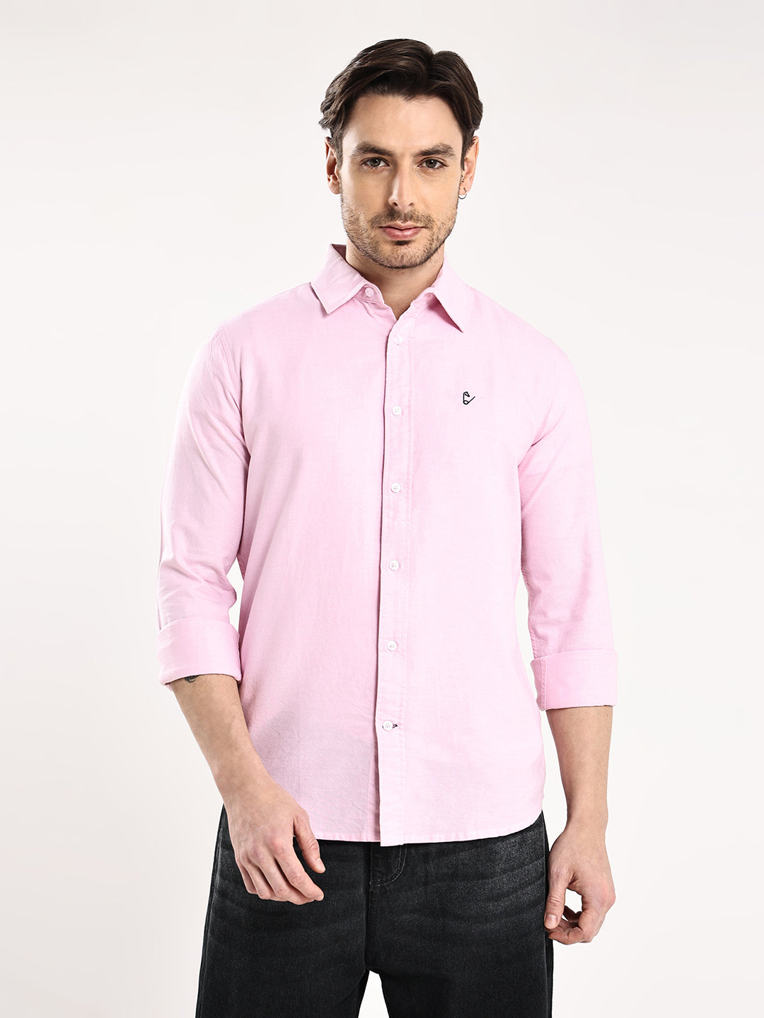 HangerLoop Men’s 100% Cotton Oxford Yarn Dyed Full Sleeve Regular Fit Shirt – Regular Collar - Pink
