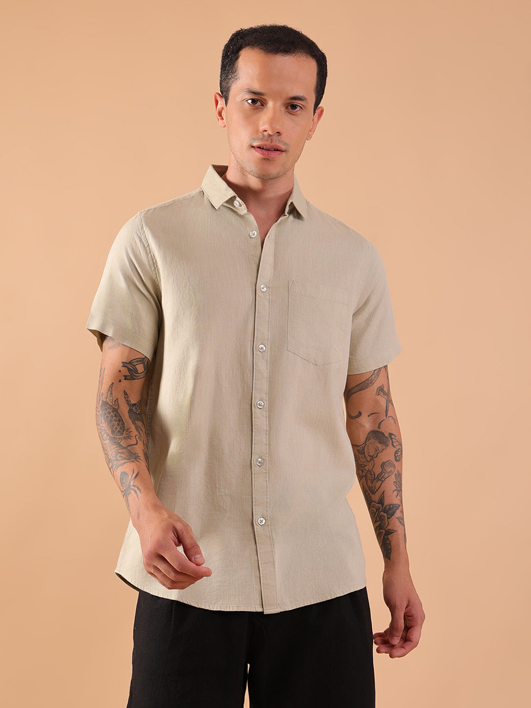 Cotton Linen Half Sleeve Shirt - Regular Fit - Pista