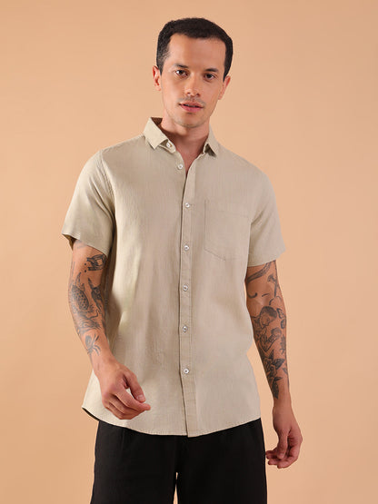 Cotton Linen Half Sleeve Shirt - Regular Fit - Pista