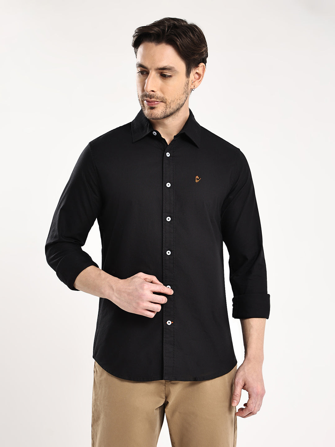 HangerLoop Men’s 100% Cotton Oxford Yarn Dyed Full Sleeve Regular Fit Shirt – Regular Collar - Black