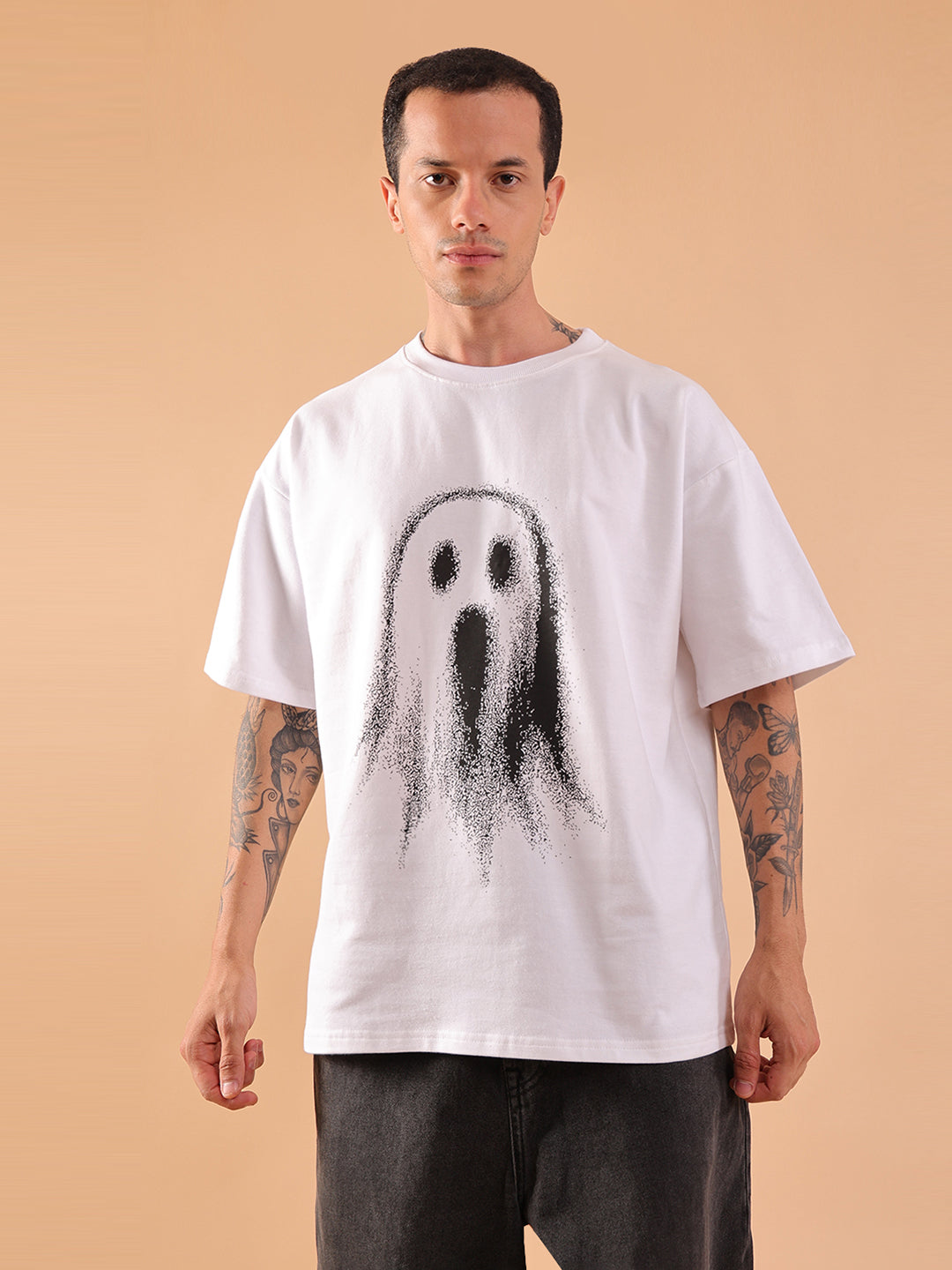 Ghost Don't Care Oversized T-Shirt – White | Streetwear Graphic Tee for Men & Women