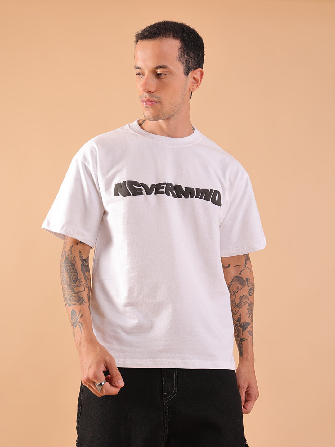 NEVERMIND White Oversized Graphic Print T-Shirt | HangerLoop Unisex Streetwear Tee