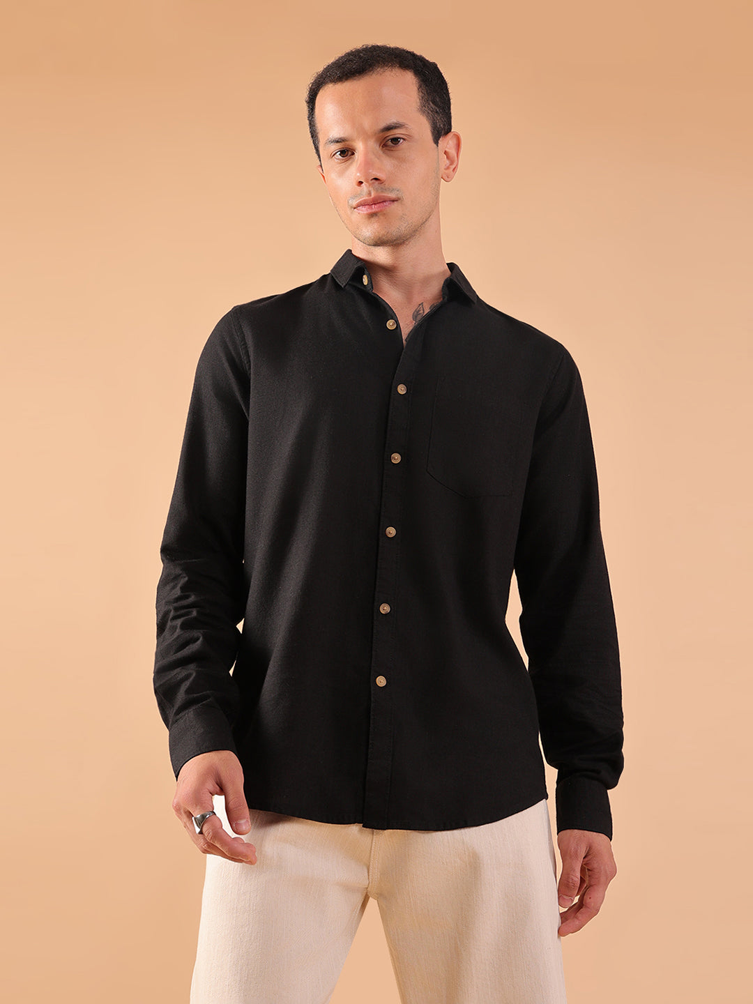 Men's Pure Linen Full Sleeve Shirt - Regular Fit, Cutaway Collar - Black