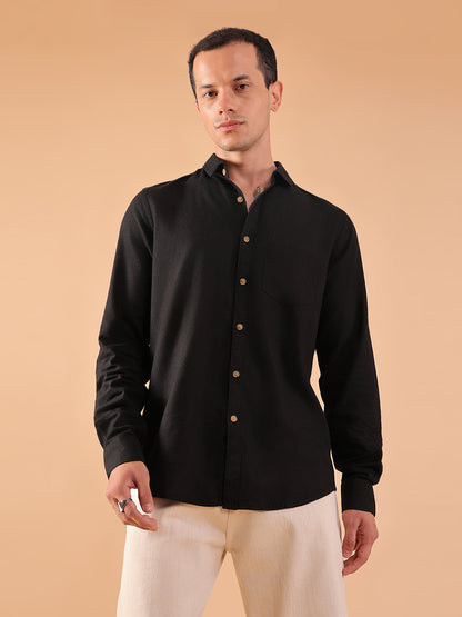 Men's Pure Linen Full Sleeve Shirt - Regular Fit, Cutaway Collar - Black